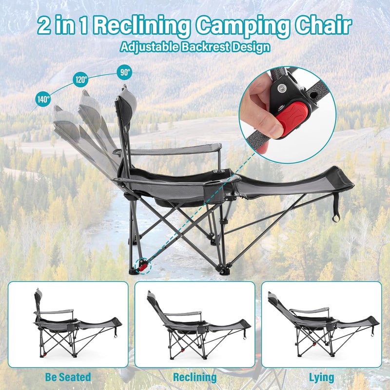 Reclining Camping Chair with Foot Rest, Folding Lounge Chair for Adults,Outdoor Chair Support 300 lbs with Adjustable Backrest ⋓ Holder Portable Recliner Beach Chair for Lawn Outside,Gray - Image 2